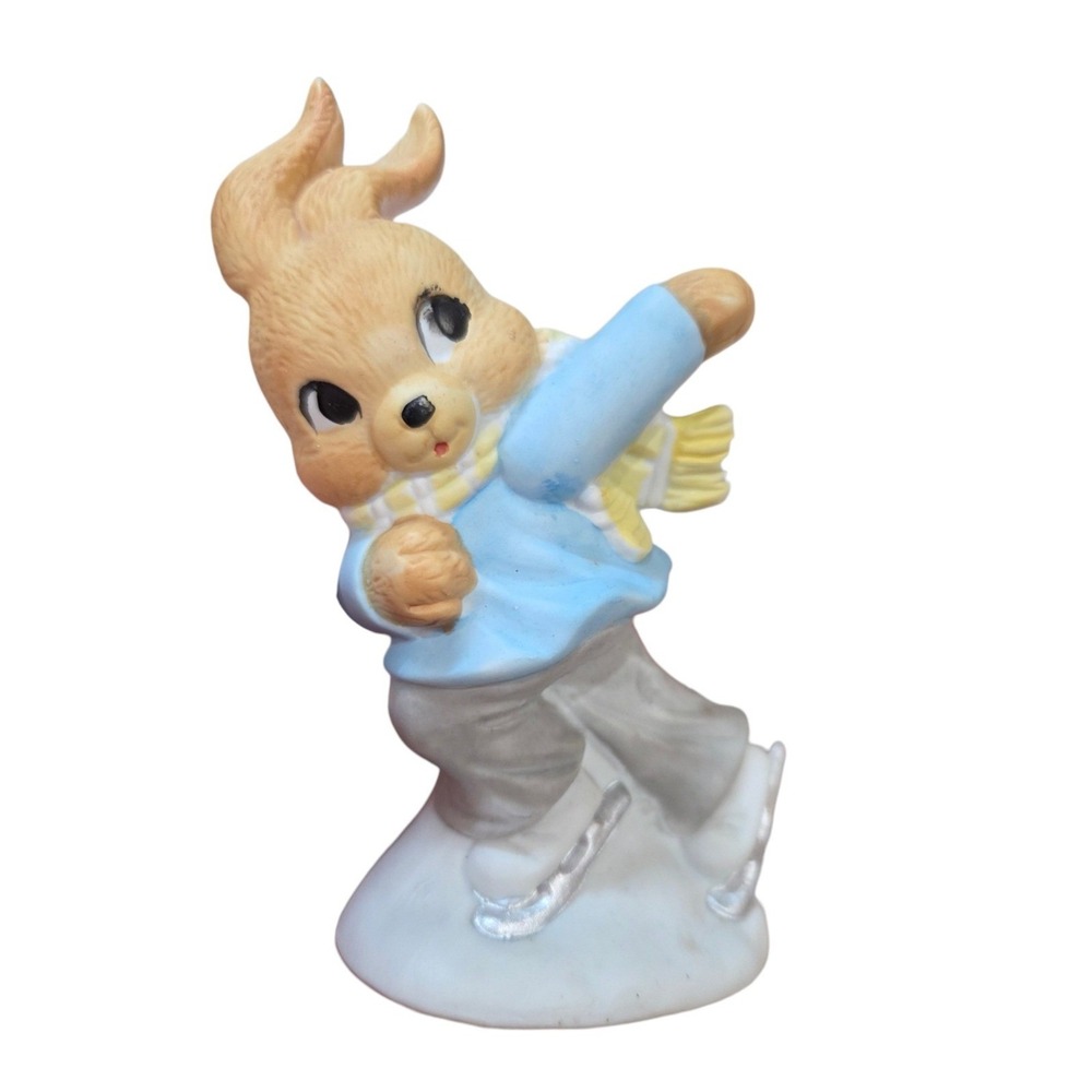 Vintage Porcelain Ice Skating Bisque Bunny Rabbit Figurine Kitschy Christmas